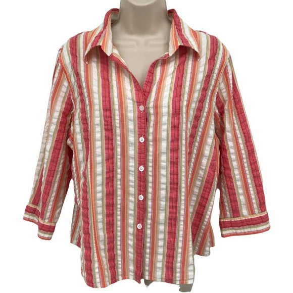 Talbots Women's Pink White Striped Gingham Button Front Shirt Blouse Size LP - Picture 1 of 6